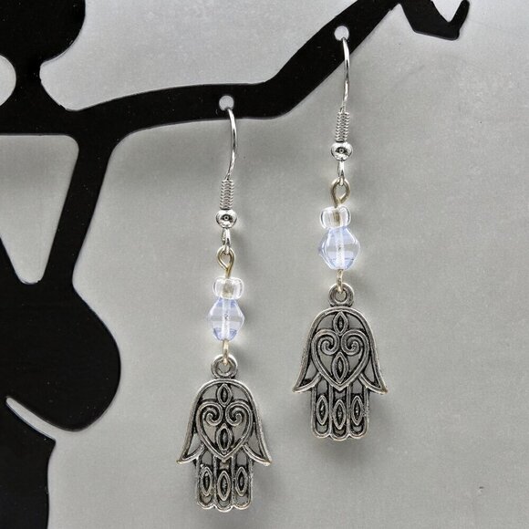Handmade Hamsa Earrings with Blue Crystal - Picture 4 of 4